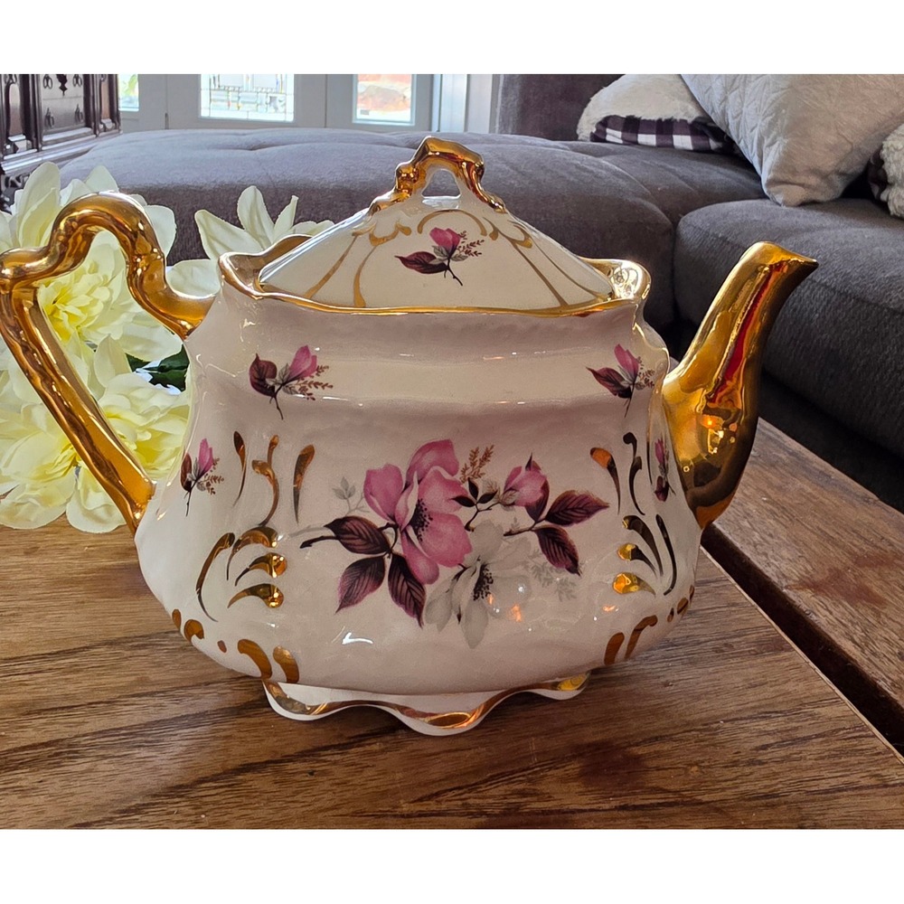 Vintage Arthur Wood Gilded Pink Rose Teapot - Made in England